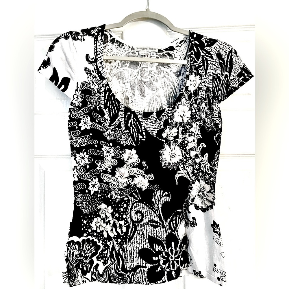 Alberto Malaki Black/White Floral embellished bows/pearls/bugle beads Top Sz Med